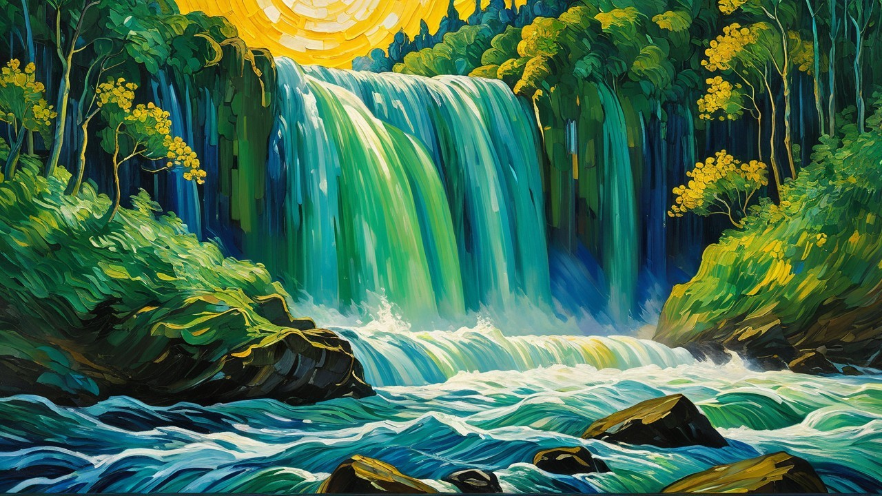 Impressionist Painting of a Waterfall and Sunlight
