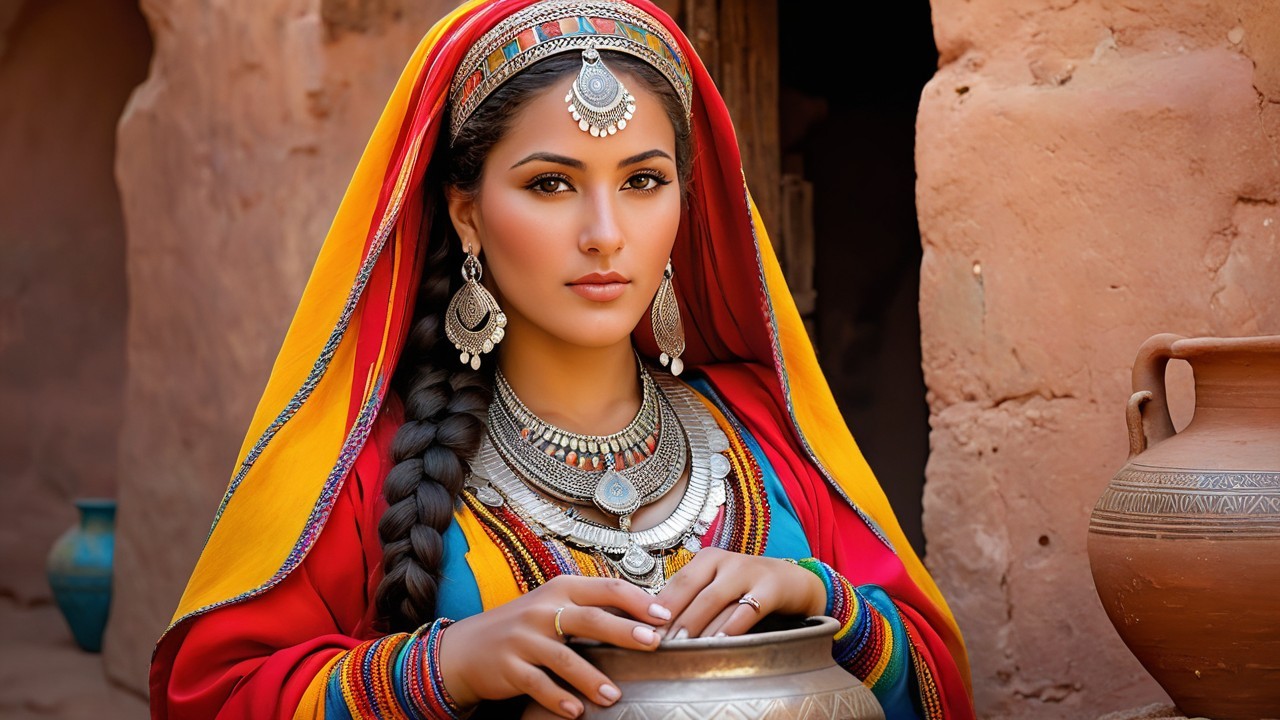 Young Woman in Traditional Attire with Decorative Pot