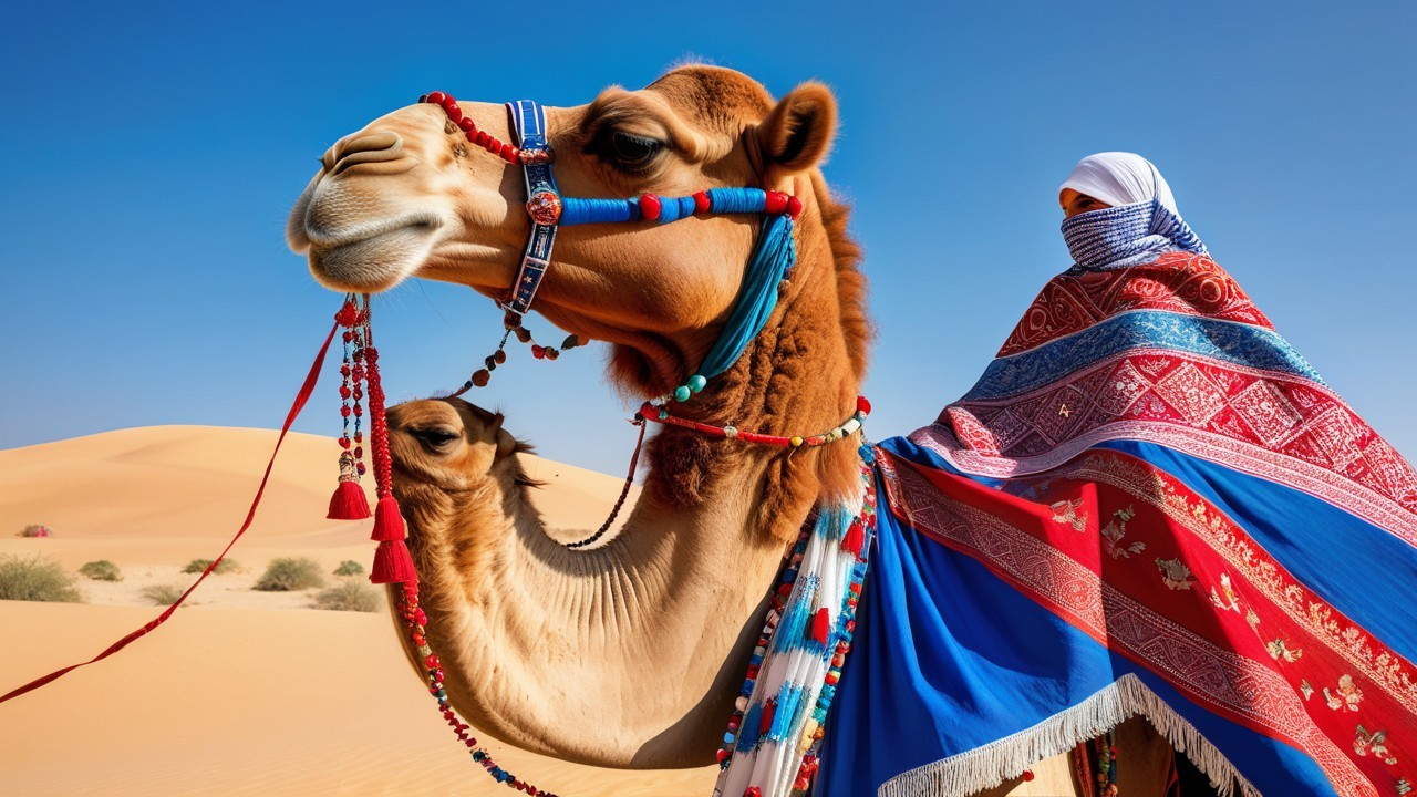 Camel with Colorful Ornaments in Desert Landscape