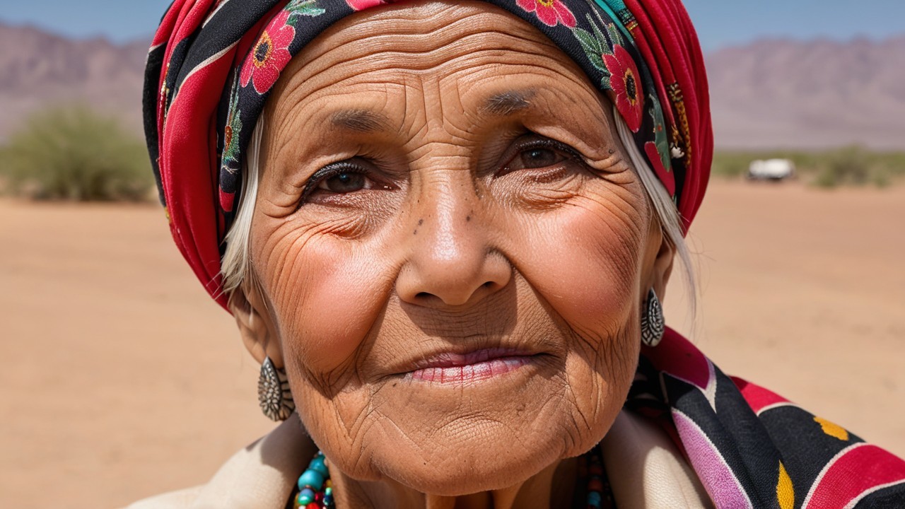 Elderly Woman in Floral Headscarf Against Earthy Landscape