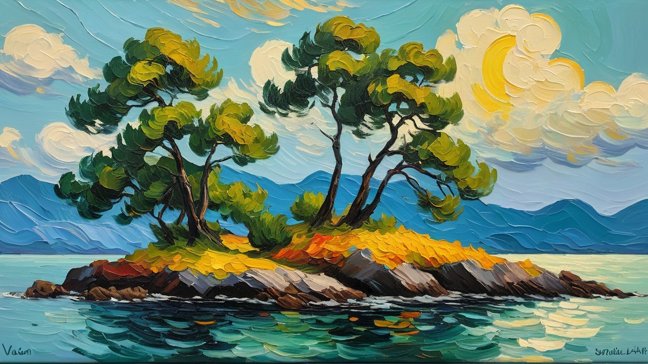 Vibrant Island Painting with Trees and Mountains