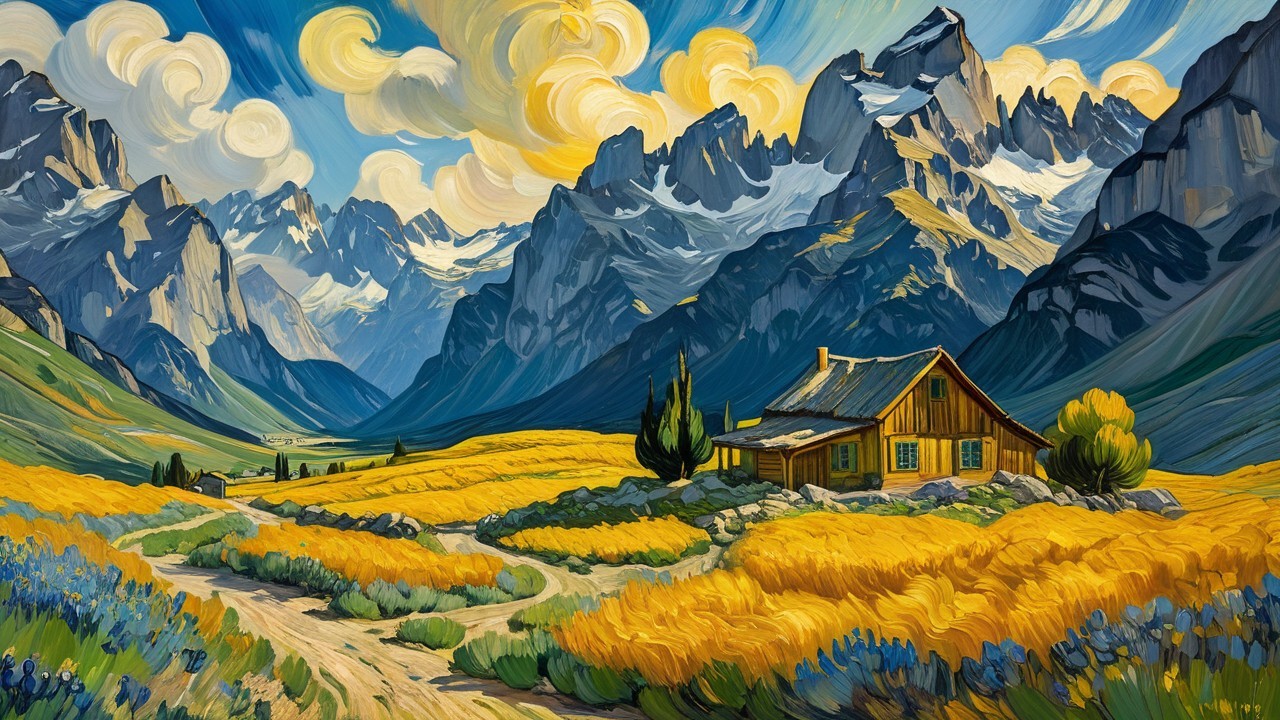 Picturesque Landscape with Cabin and Mountain Views