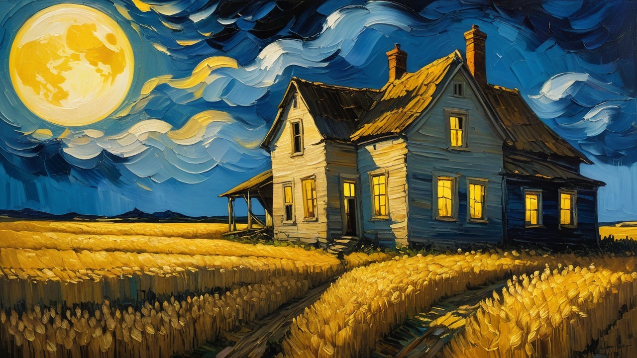 Lonely farmhouse in golden field under full moon
