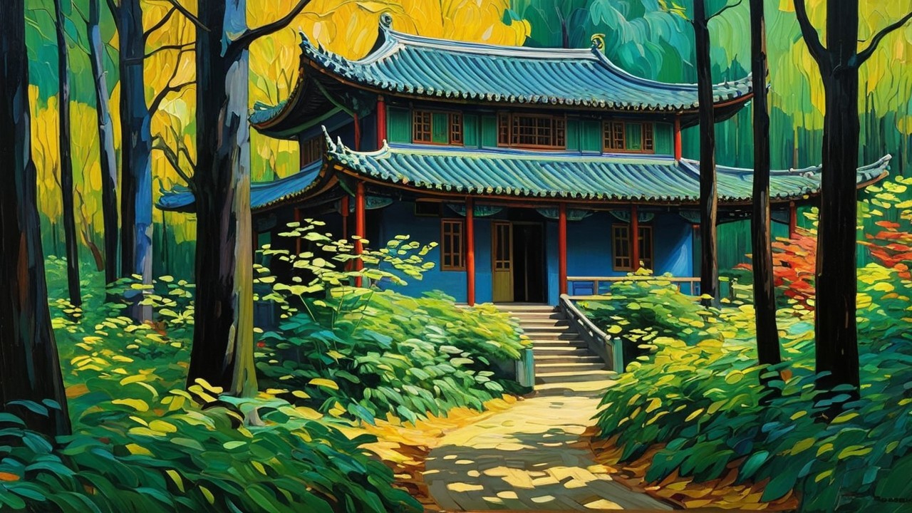 Traditional Asian House in Autumn Landscape