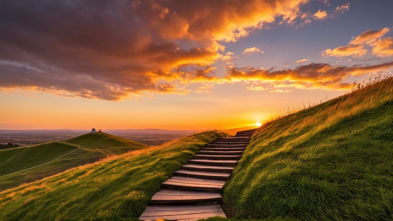 Sunset Landscape with Wooden Pathway and Hillside
