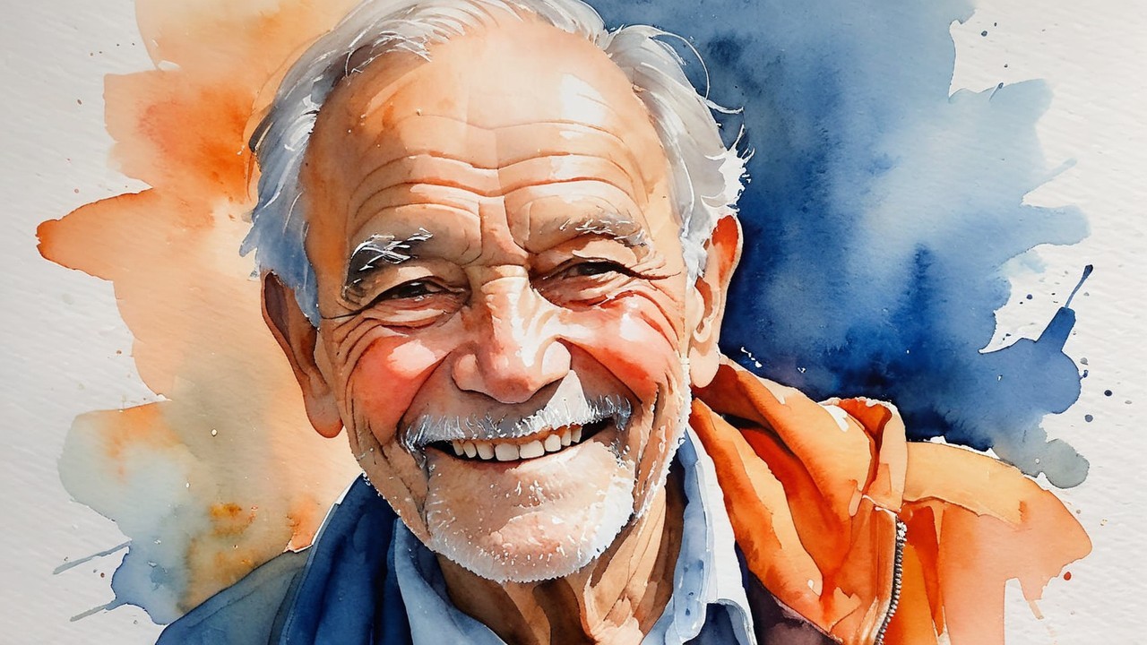 Cheerful elderly man in colorful attire with warm smile