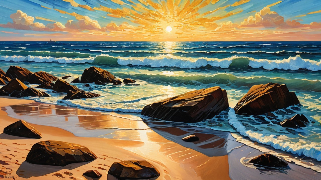 Vivid Ocean Sunset Oil Painting with Sandy Beach and Rocks
