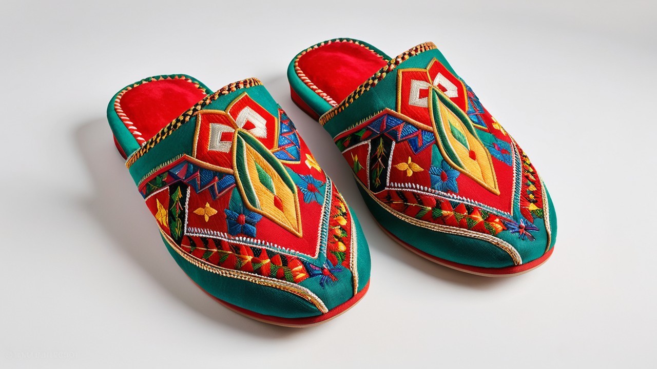 Traditional Embroidered Slippers with Turquoise Fabric