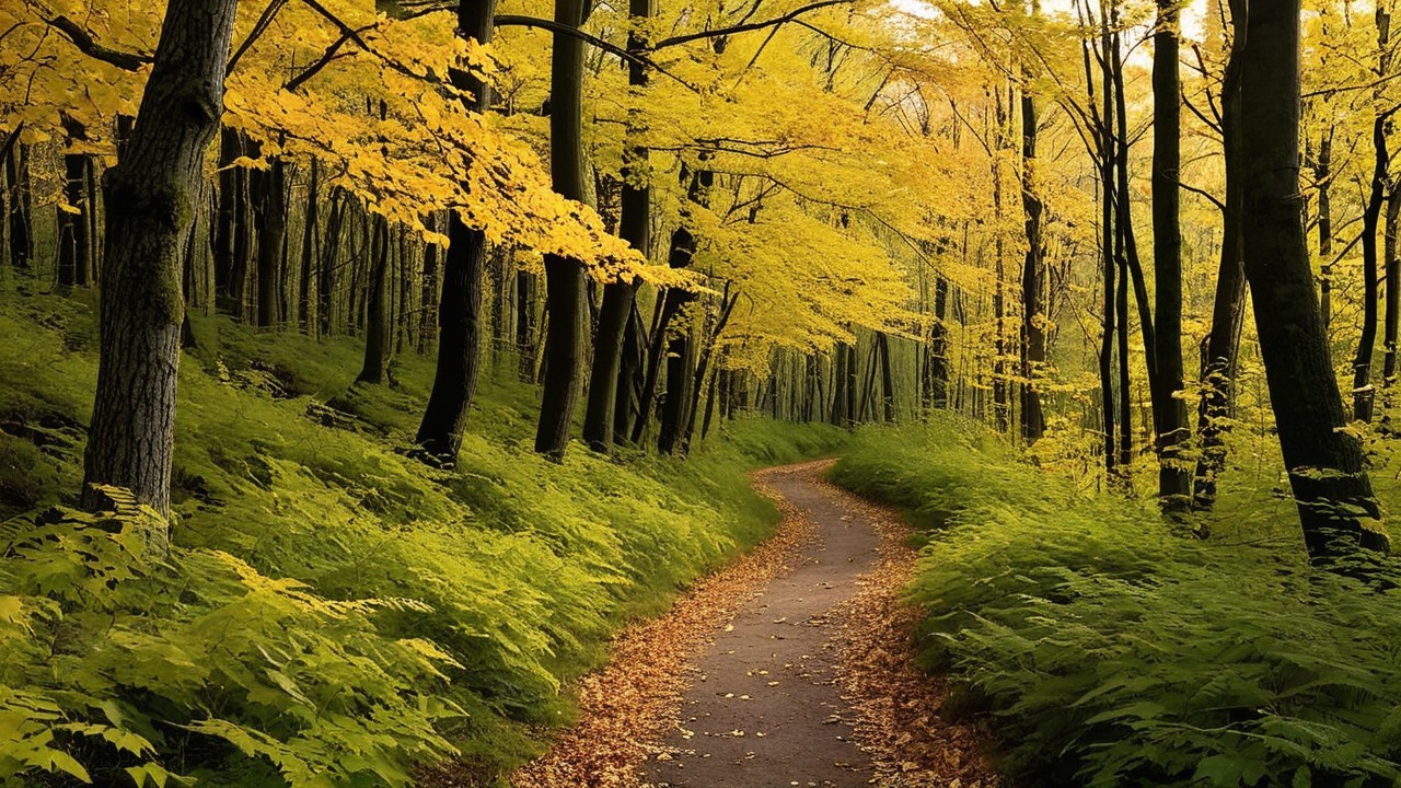 Autumn Forest Path with Golden Leaves and Ferns