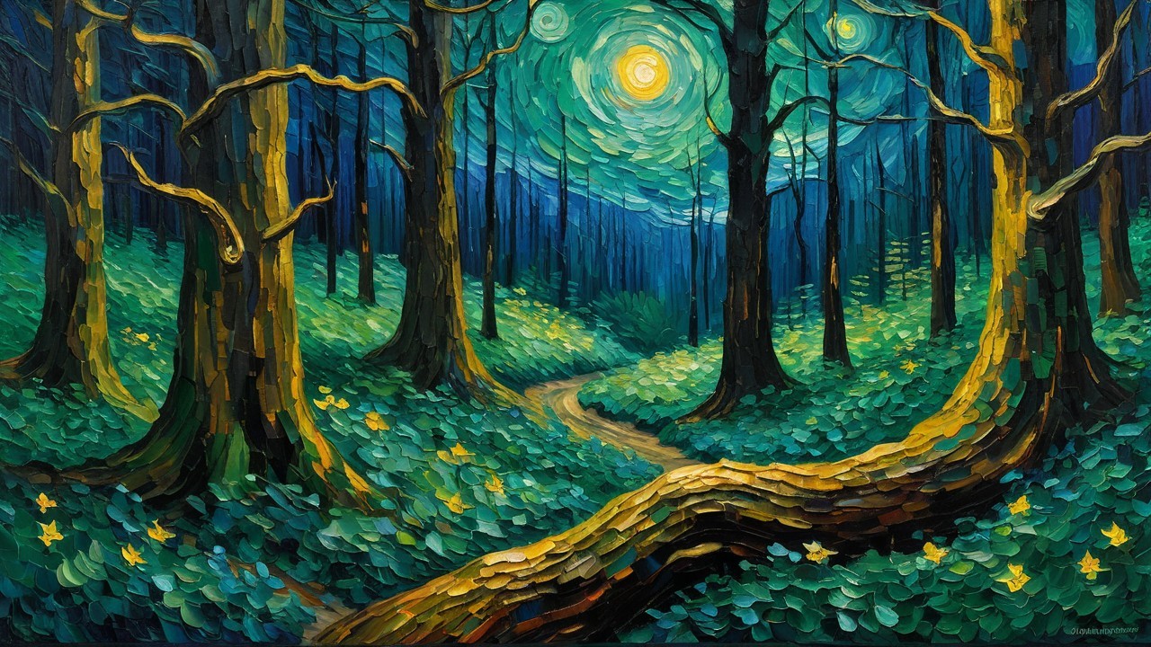 Vibrant Forest Scene with Twisted Trees and Flowers