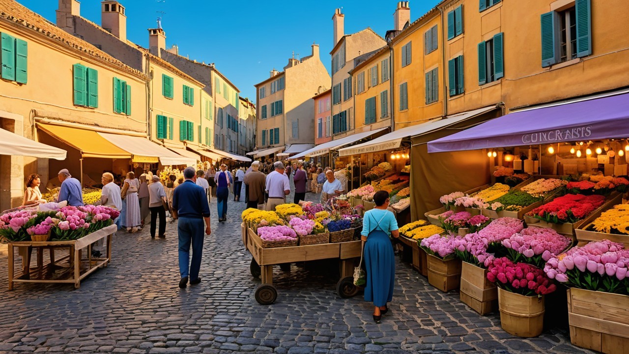 Vibrant Floral Market Scene Under Blue Sky