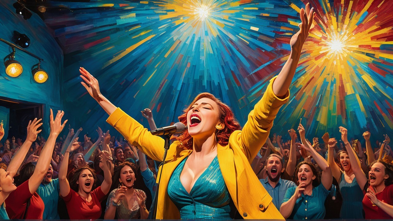 Vibrant Performance Scene with Colorful Lights and Crowd