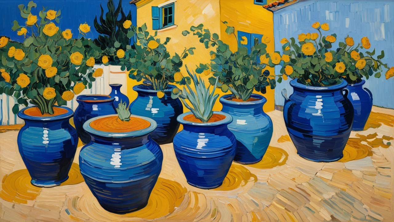 Blue Clay Pots with Plants and Yellow Building