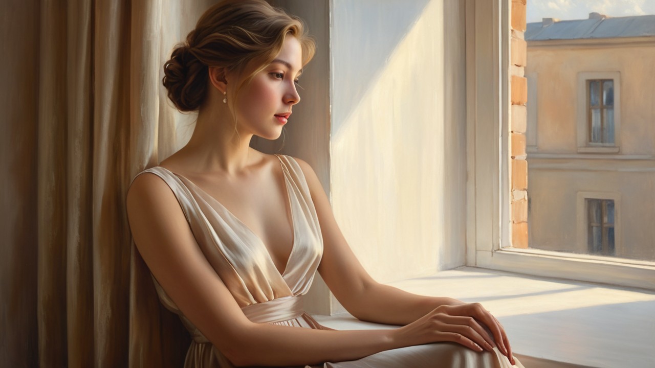 Young Woman in Flowing Dress by Sunlit Window