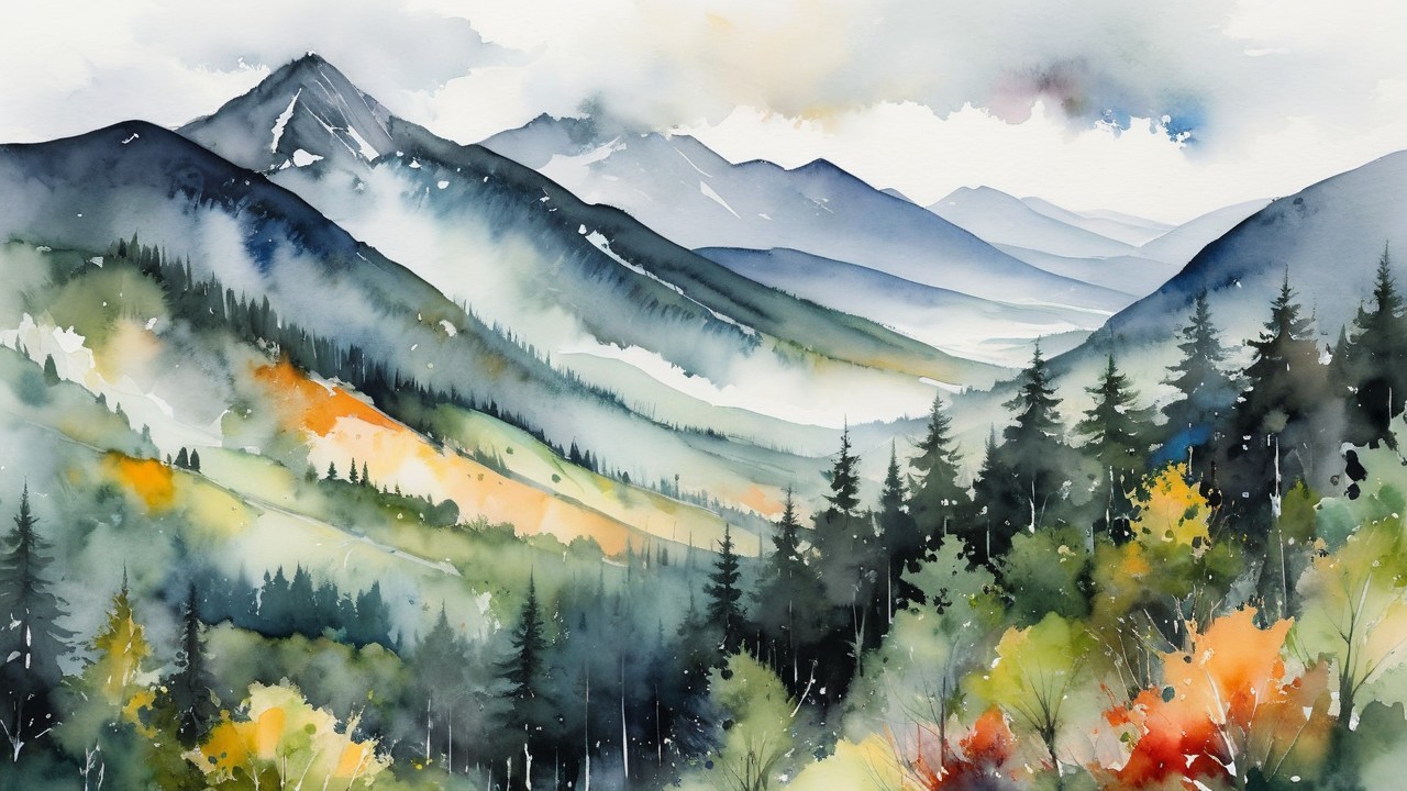 Watercolor Landscape of Misty Mountains and Autumn Foliage