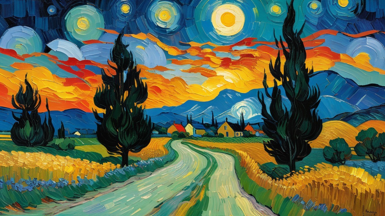 Vibrant Landscape with Cypress Trees and Mountains