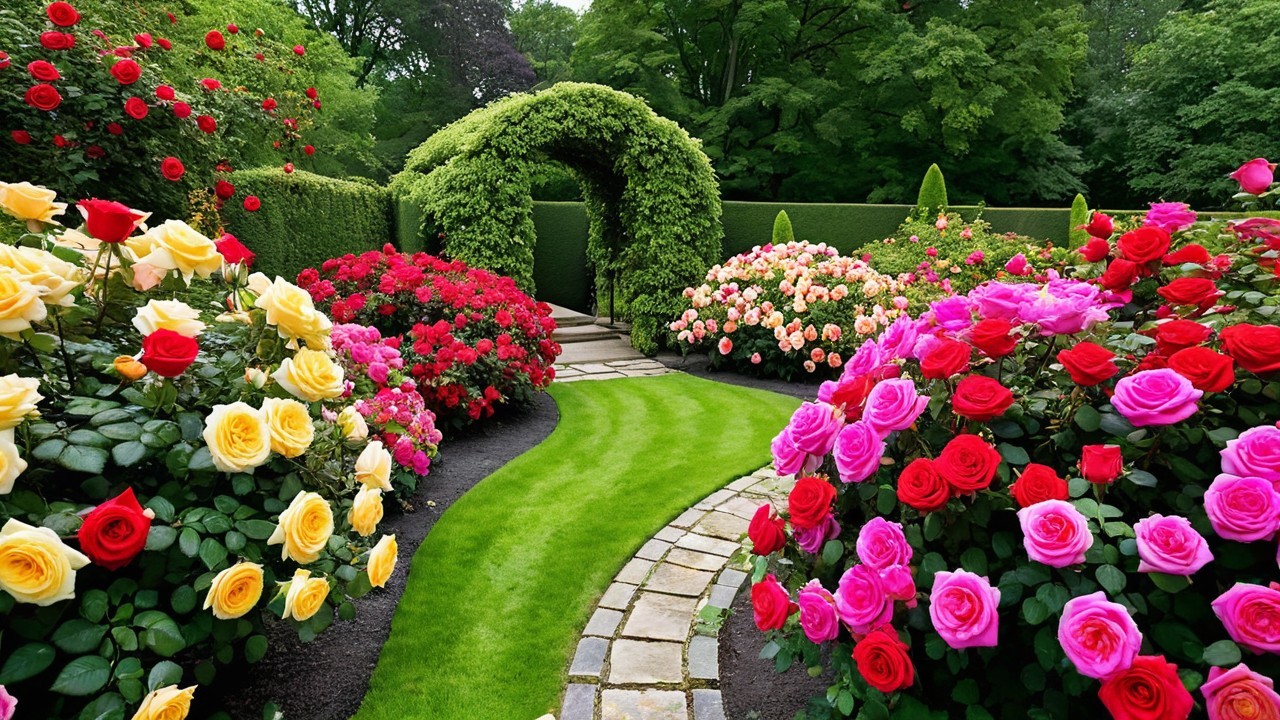 Vibrant Garden Pathway with Blooming Roses and Greenery