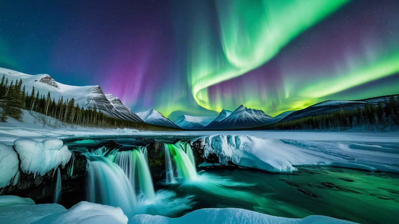Winter Landscape with Waterfall and Auroras