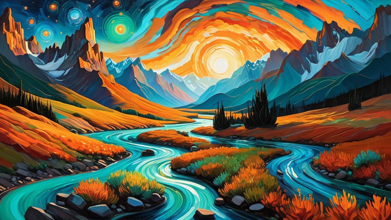 Vibrant Landscape with River and Majestic Mountains