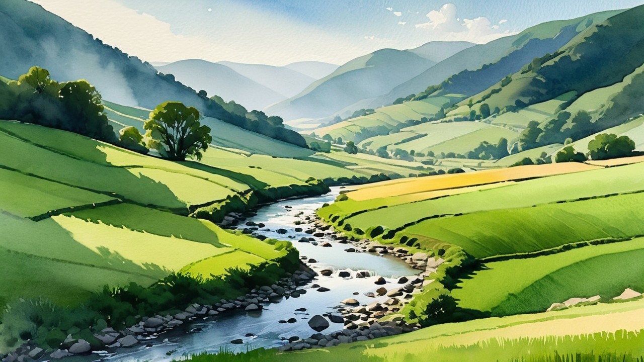 Serene Landscape with Lush Green Fields and River