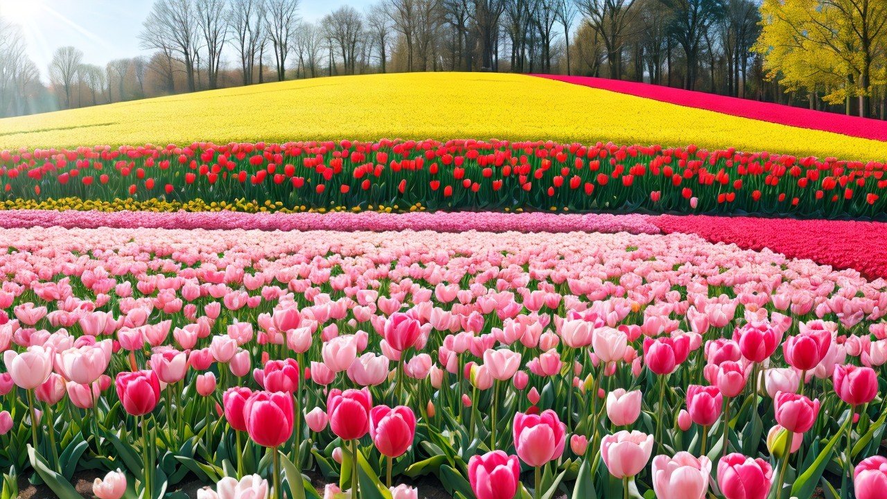 Vibrant Tulip Fields Under Clear Blue Sky