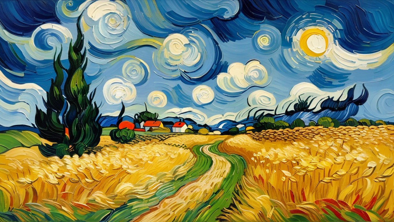Impressionistic Oil Painting of Wheat Field and Sky