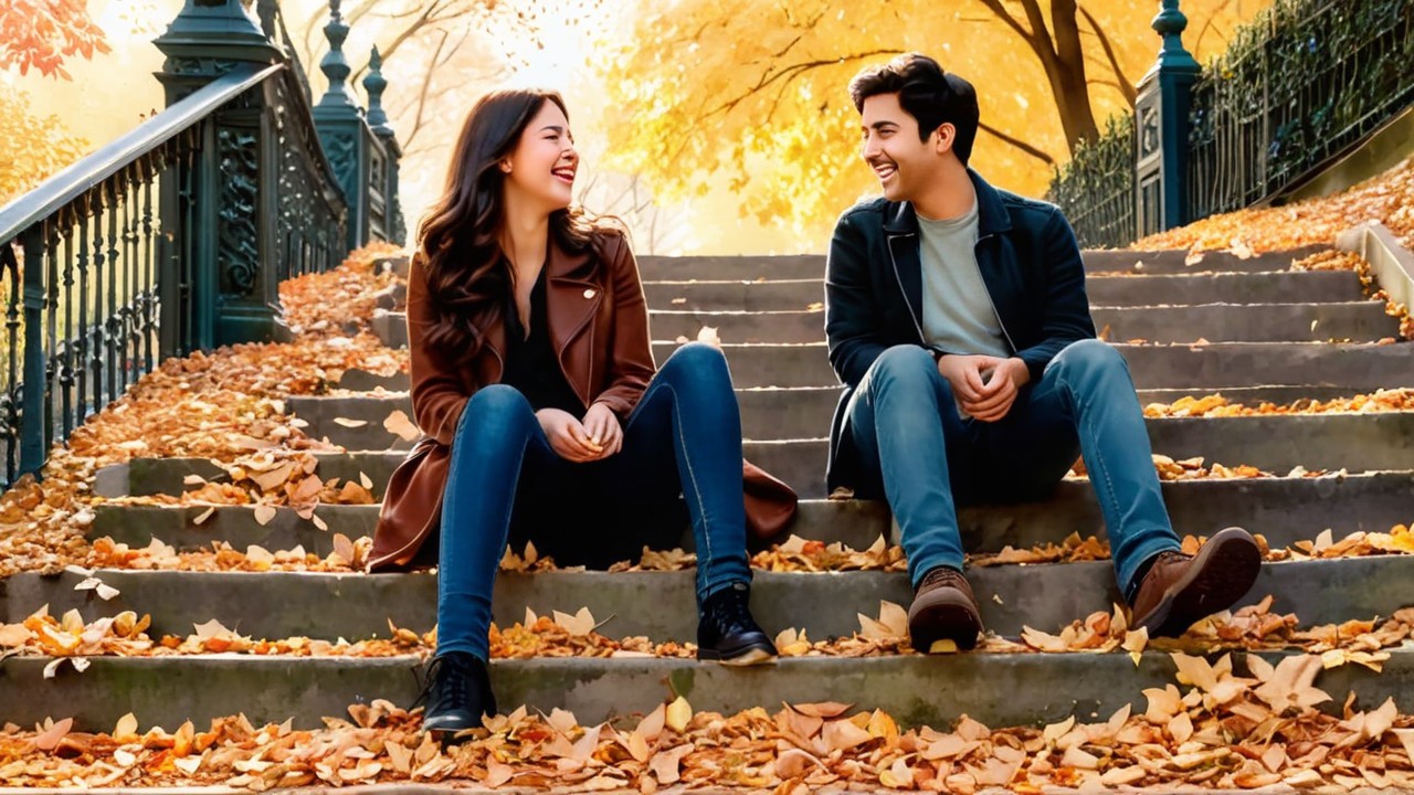 Couple on Stone Steps Surrounded by Autumn Foliage