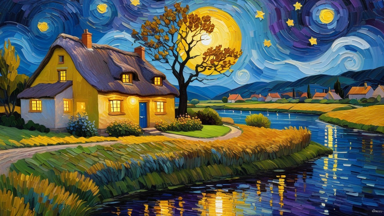 Impressionistic Landscape with Cottage and Night Sky