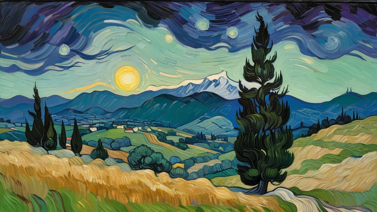 Vibrant Landscape with Rolling Hills and Dramatic Sky