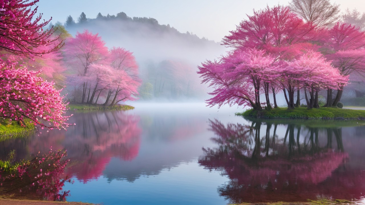 Vibrant Cherry Blossoms and Tranquil Pond Landscape