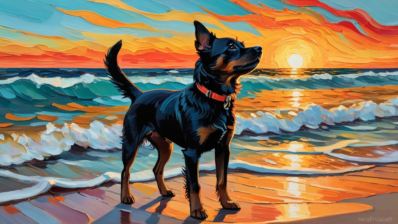 Vibrant Sunset Over Ocean with Dog on Beach