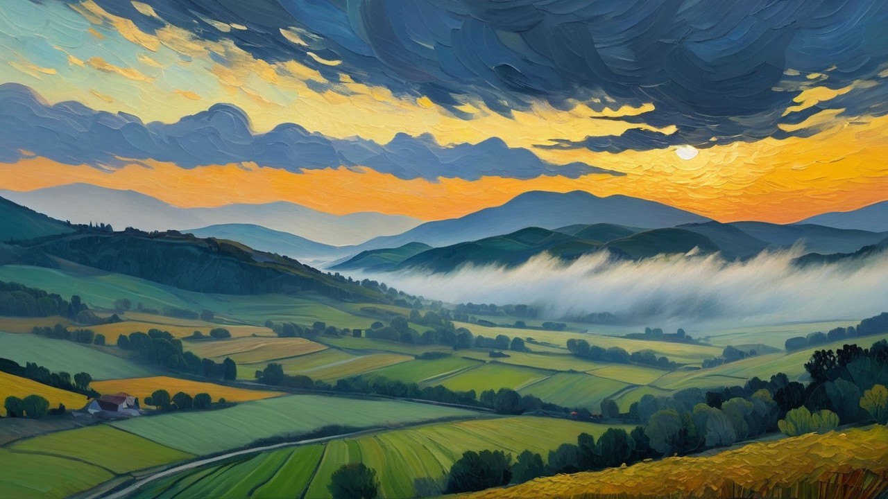 Rolling Hills and Dramatic Sunset Landscape Scene