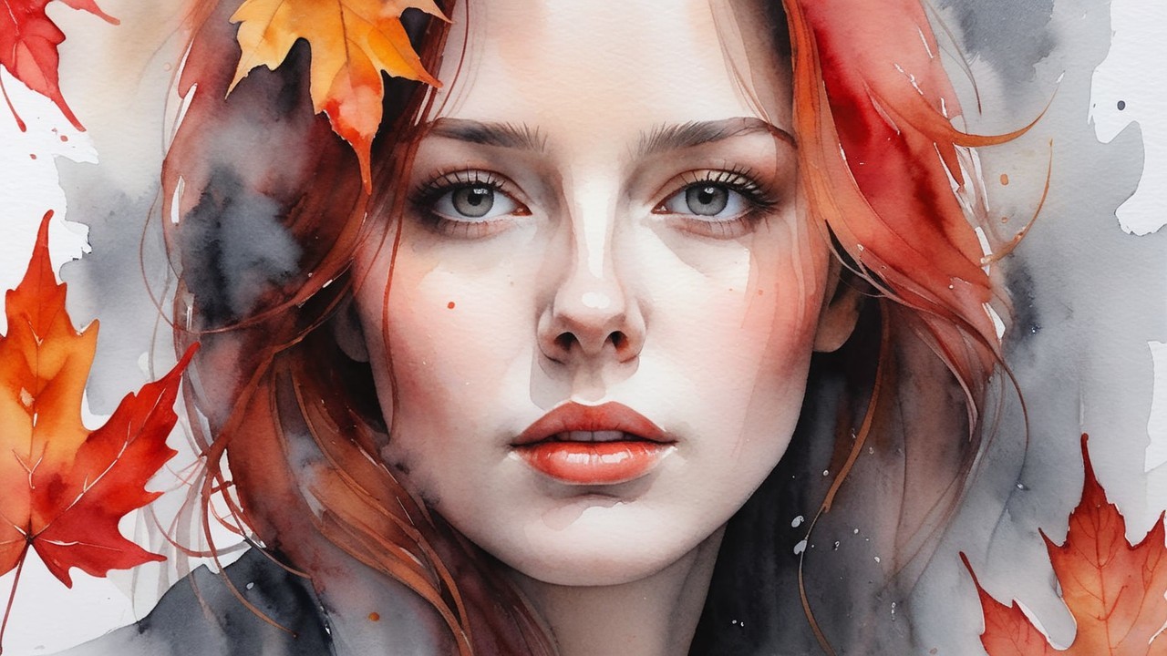 Watercolor Portrait of Young Woman with Autumn Leaves