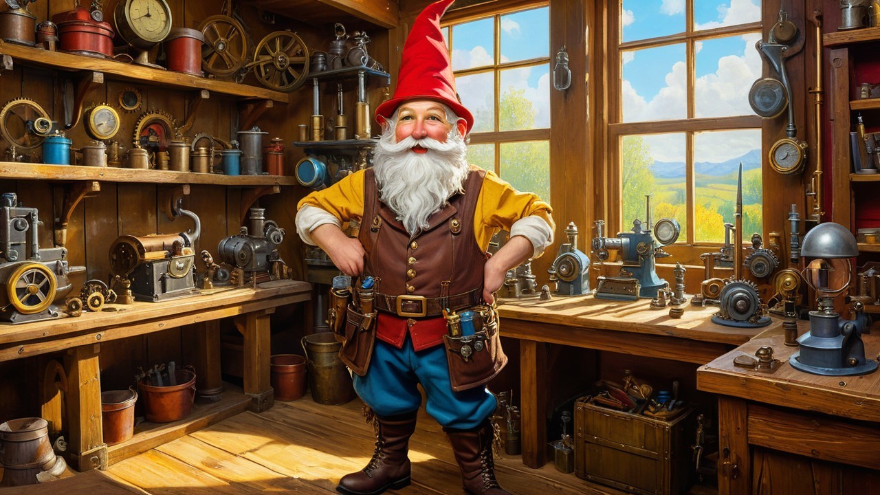 Cheerful gnome in a vintage tool workshop setting