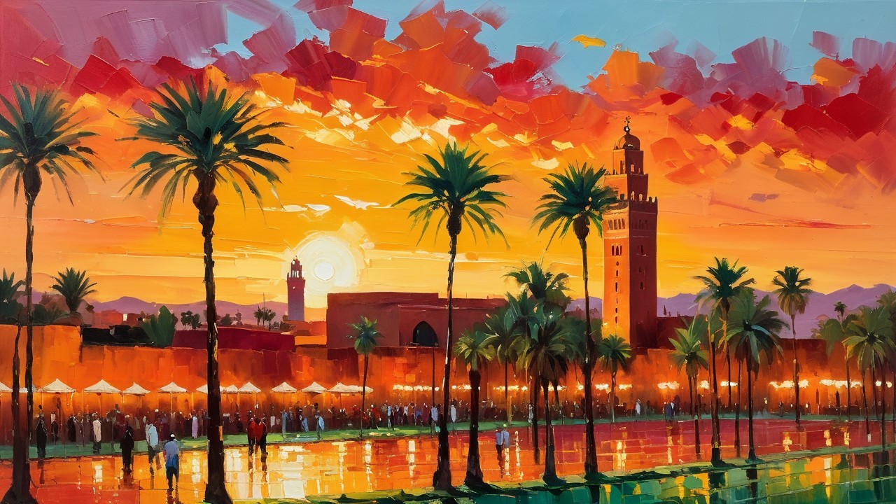 Vibrant Sunset Over Bustling Market with Palm Trees