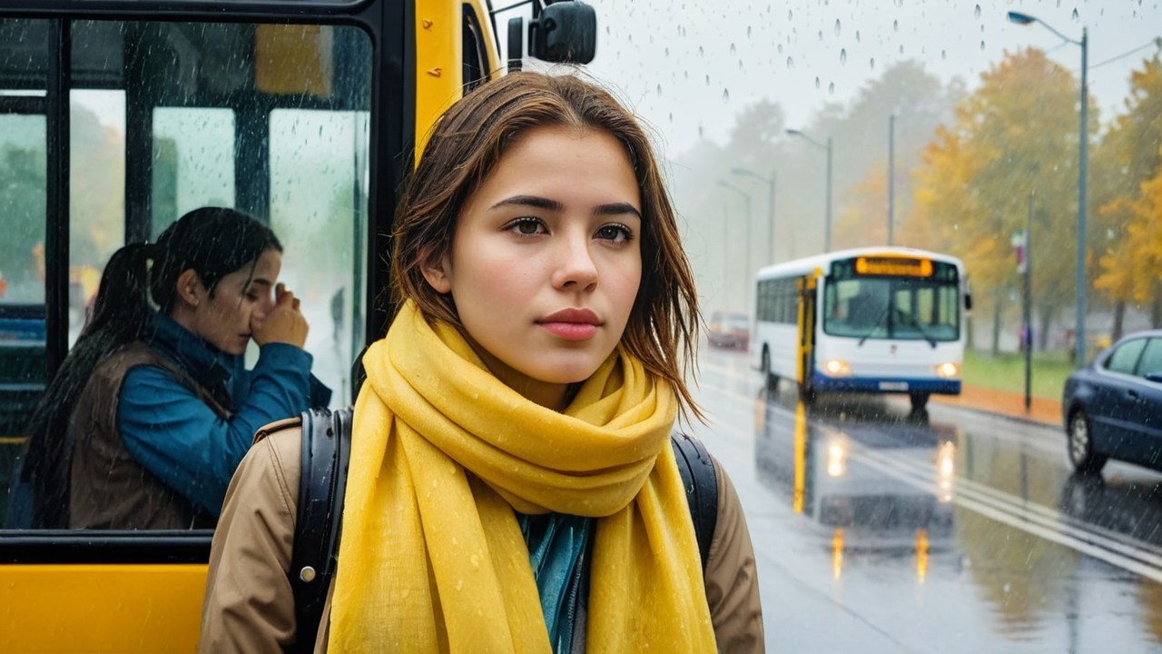 Young Woman at Bus Stop with Yellow Scarf in Rain