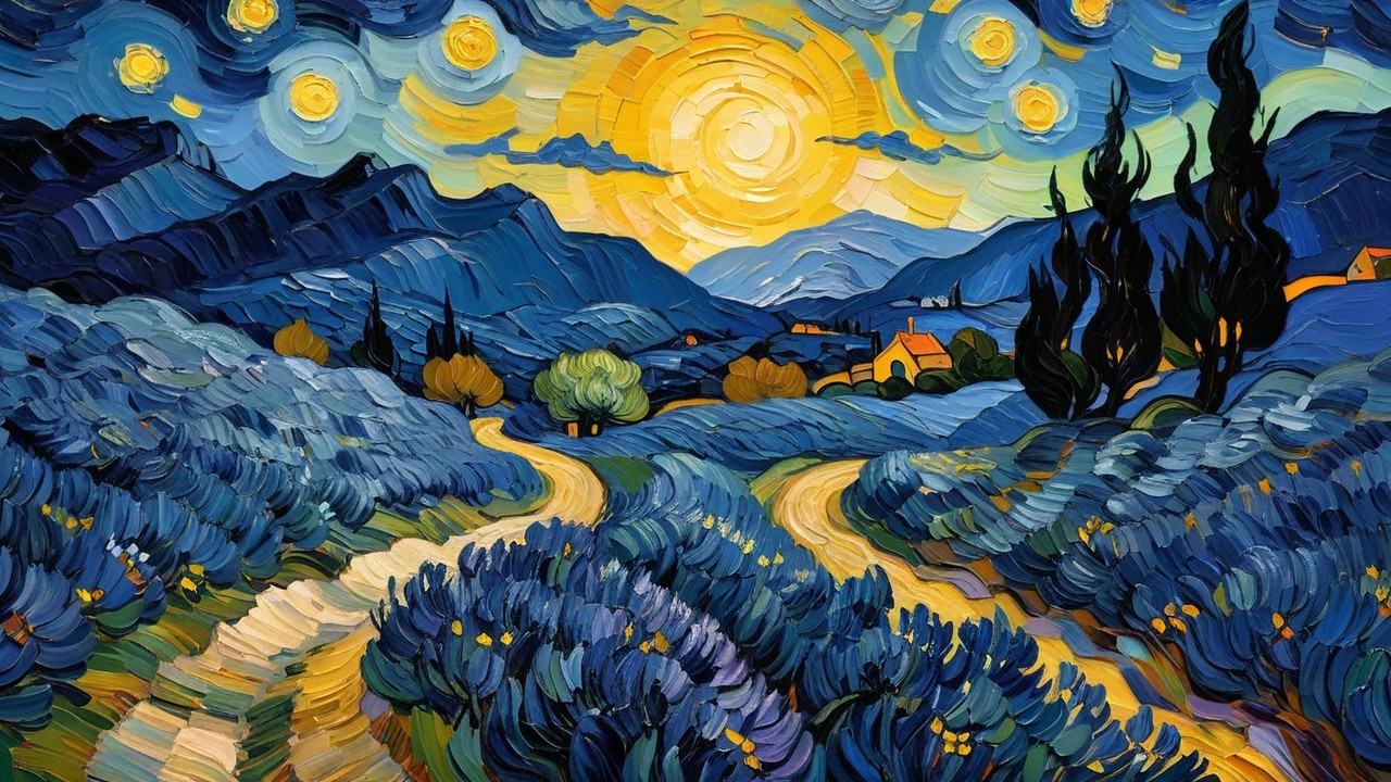 Vibrant Landscape with Hills, Lavender Fields, and Sky