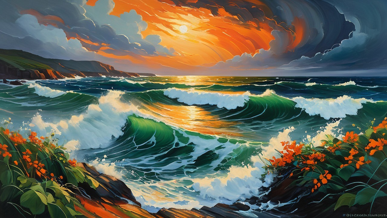 Vibrant Coastal Sunset with Dramatic Ocean Waves