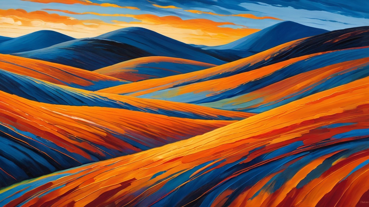 Vibrant Rolling Hills in Bold Orange and Blue Strokes