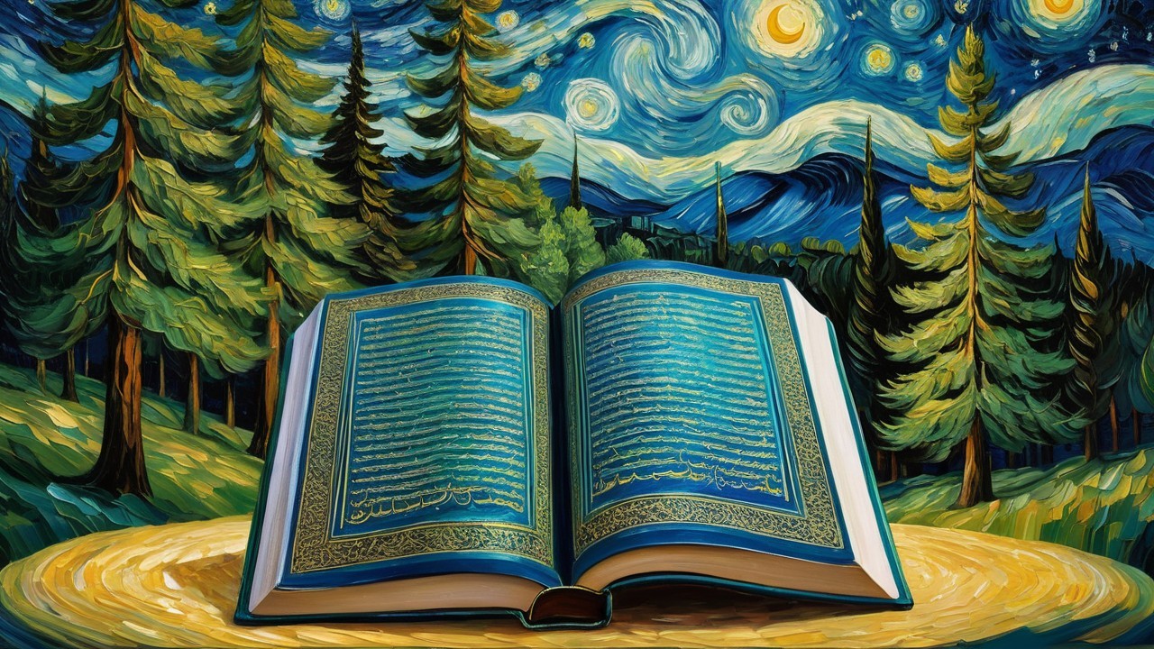 Starry Night Inspired Painting with Open Book in Forest