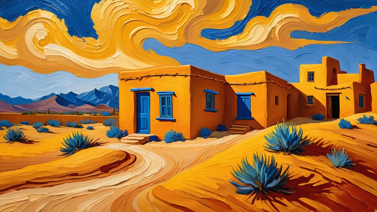Vibrant Desert Landscape with Adobe Houses and Mountains