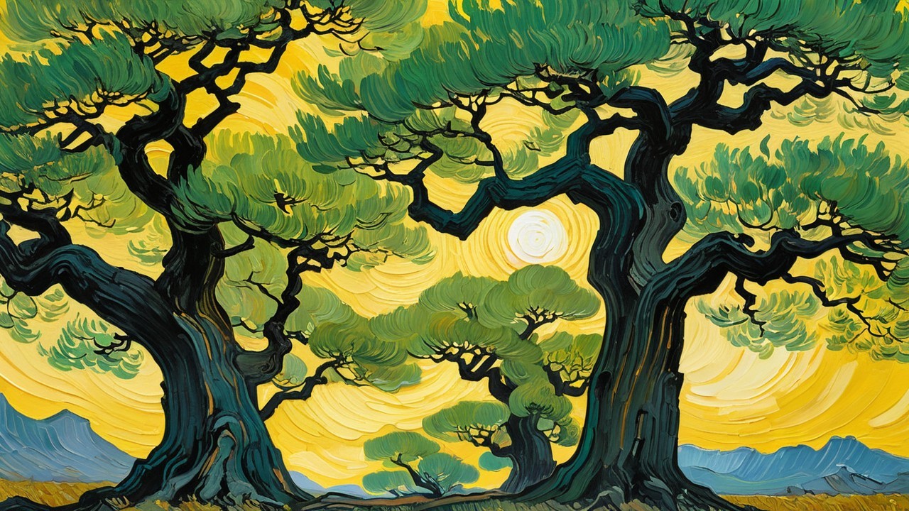 Pine Trees with Gnarled Trunks and Green Foliage