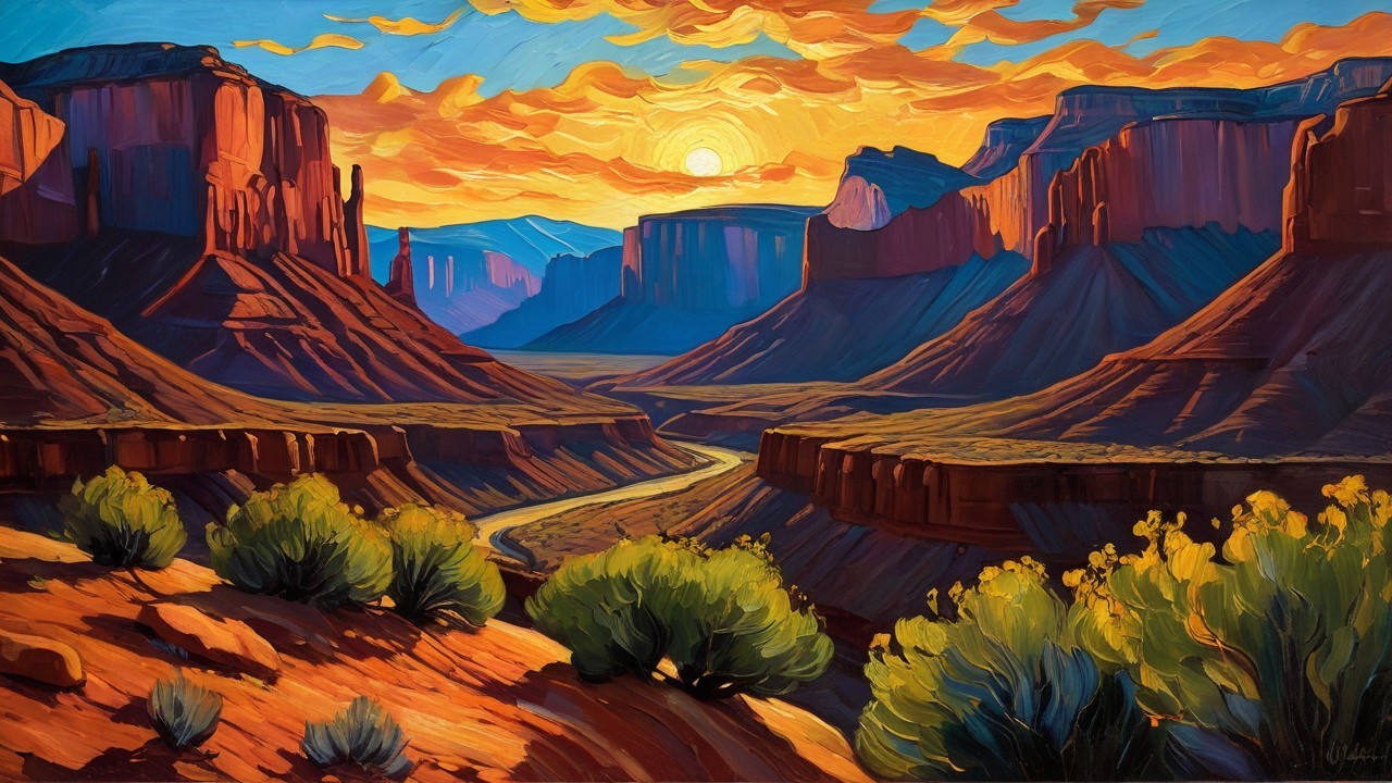 Canyon Landscape with Sunset Hues and River Reflection