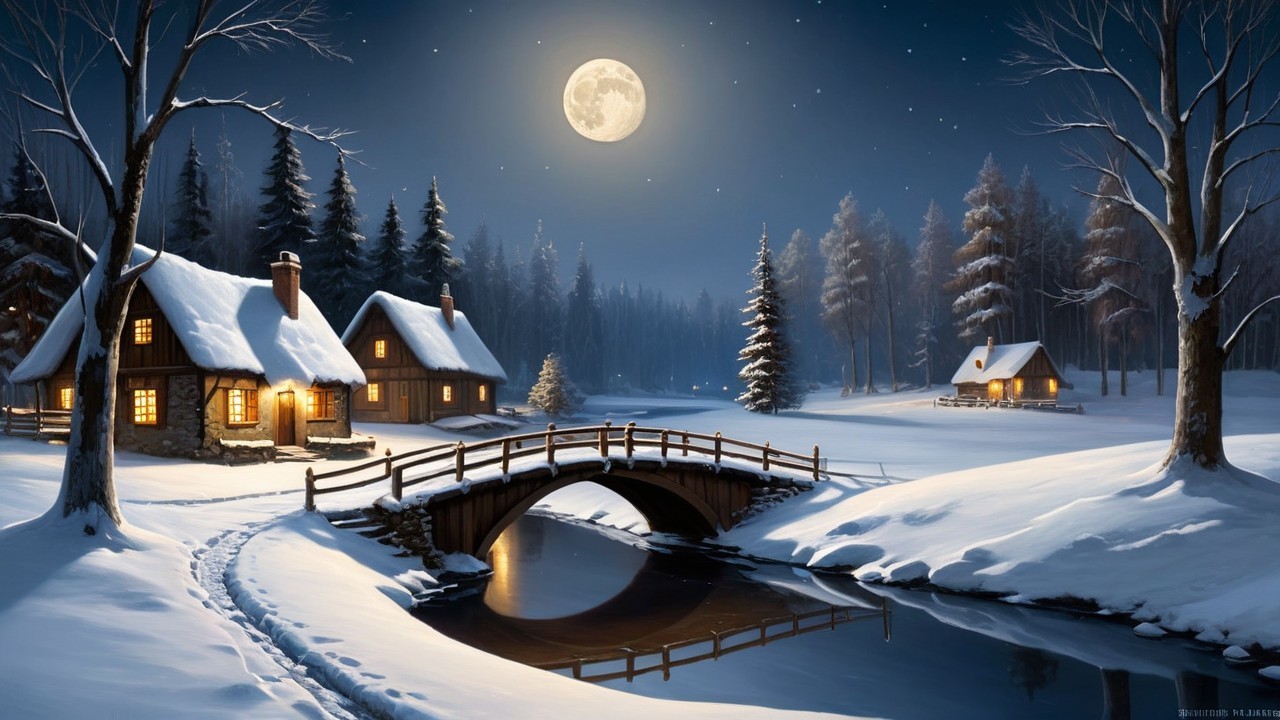 Serene Winter Landscape with Cozy Cottages and Moonlight