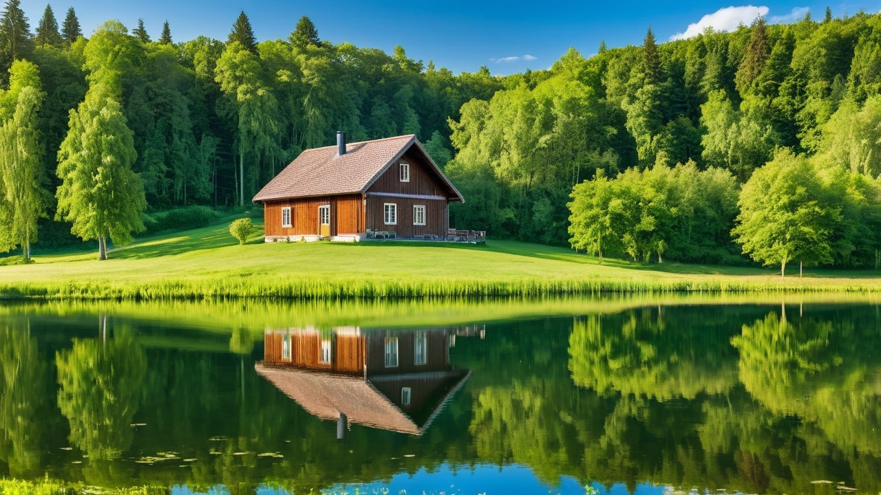 Charming Wooden House by Serene Lake and Lush Lawn