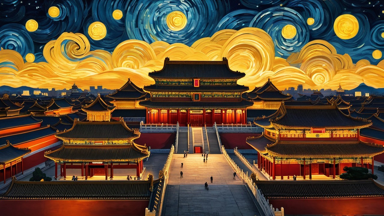 Vibrant cityscape with traditional architecture and night sky