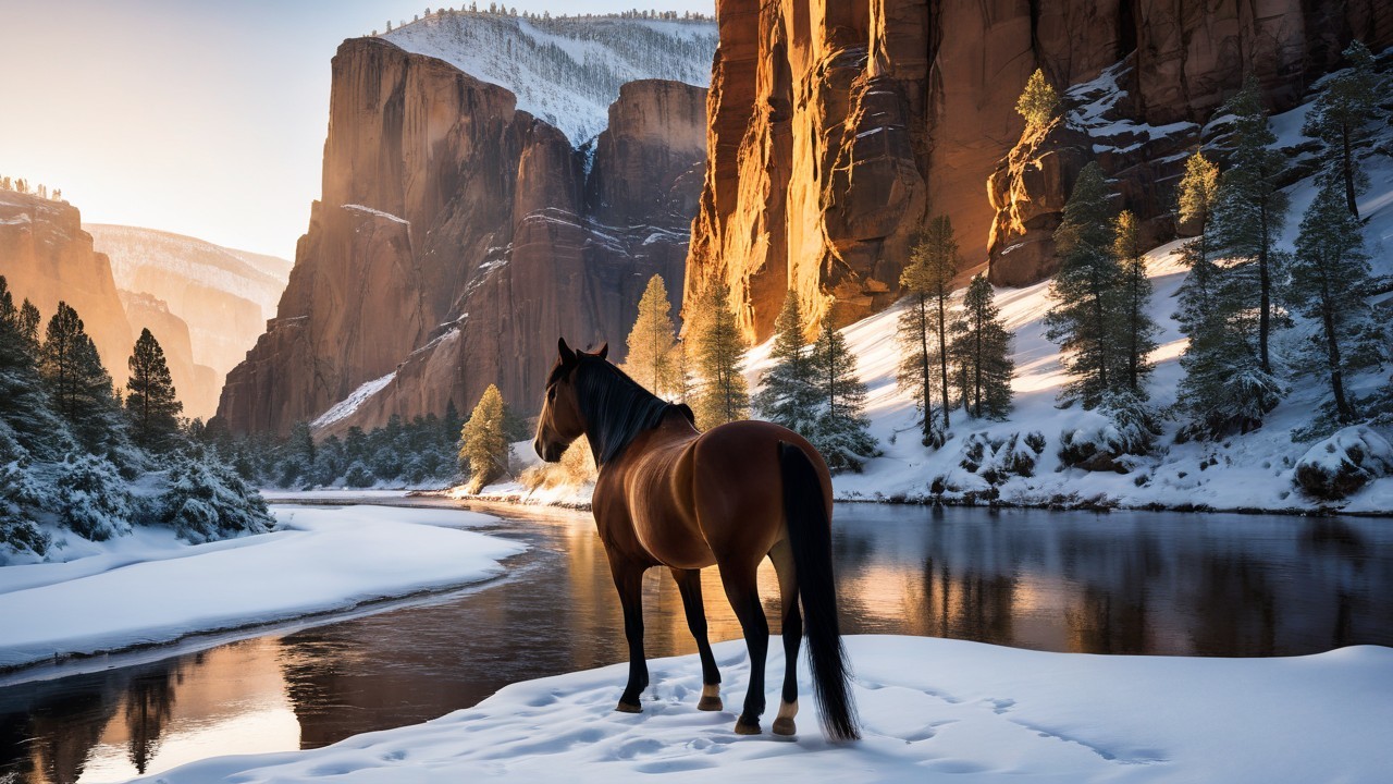 Majestic Brown Horse by Snowy Riverbank at Dawn