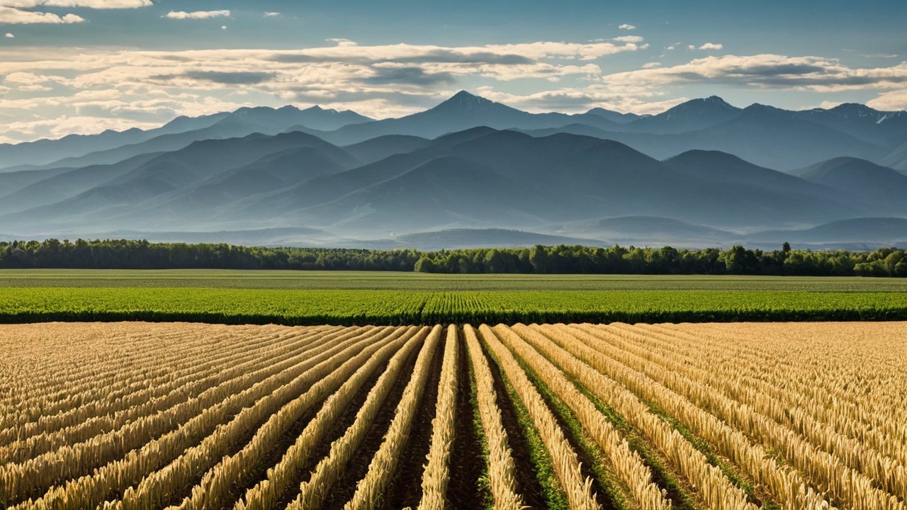 Golden Cornfields with Lush Green Fields and Mountains