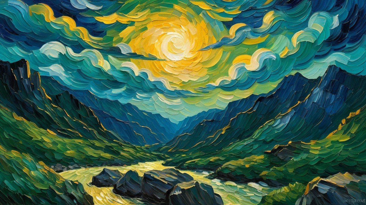 Vibrant Landscape with Swirling Clouds and River