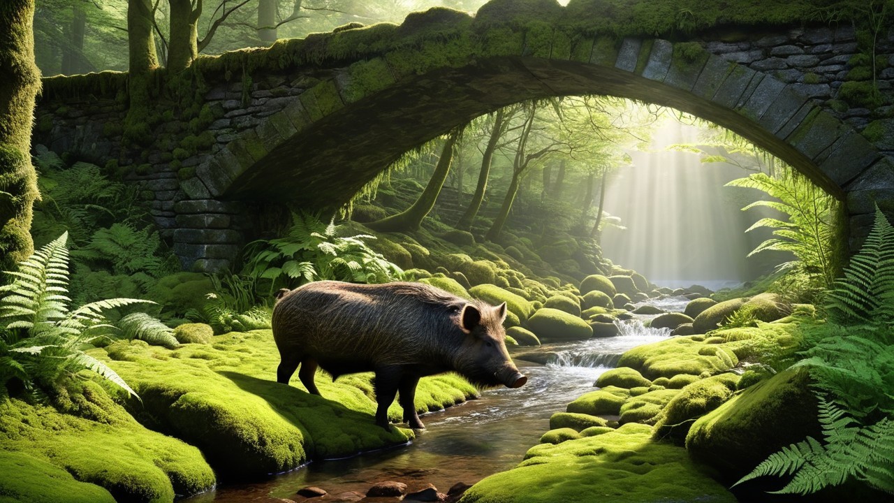 Wild Boar by Stream Under Ancient Stone Bridge